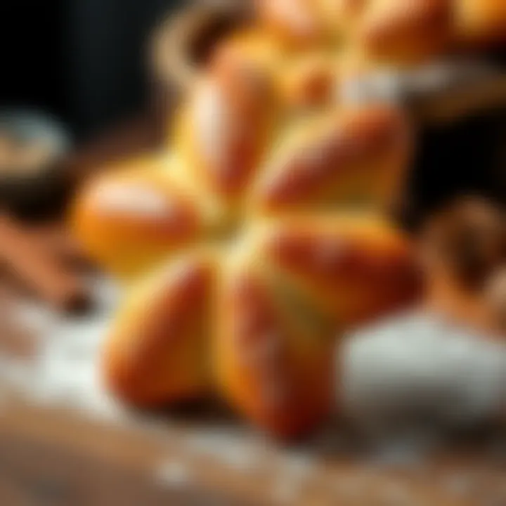Freshly Baked Cinnamon Star Bread A golden, fluffy Cinnamon Star Bread shaped like a star, with a crispy outer layer and a soft inner texture, resting on a wooden table with a light dusting of flour.