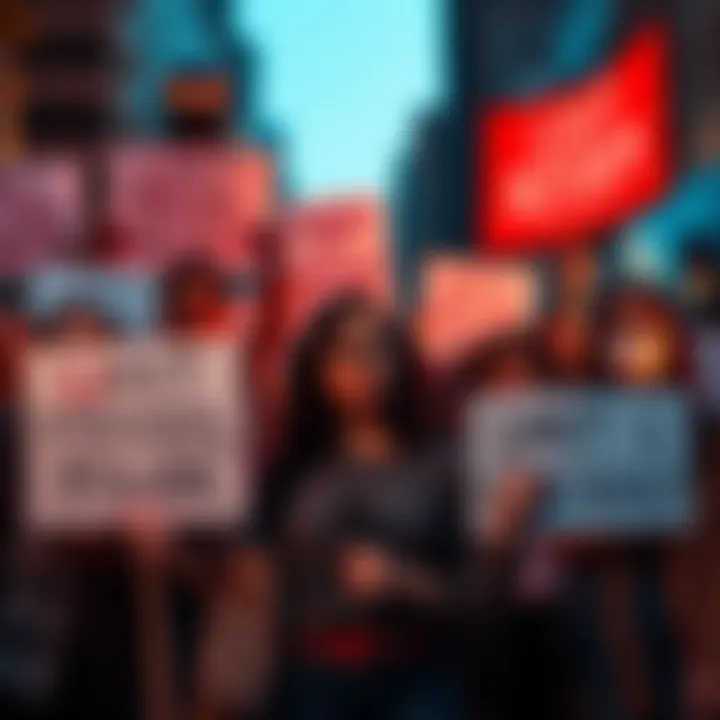 A group of diverse citizens holding signs at a rally, advocating for limiting mayoral power in local governance