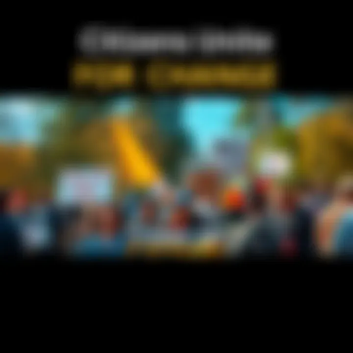 A diverse group of people holding signs and banners, standing together in a park, advocating for social change and support during tough times.