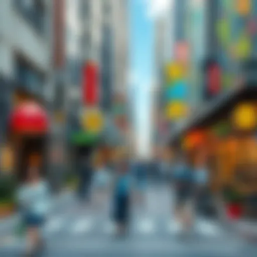 A bustling city street filled with diverse people, outdoor cafes, and colorful street art, showcasing the vibrancy of urban living in 2026.
