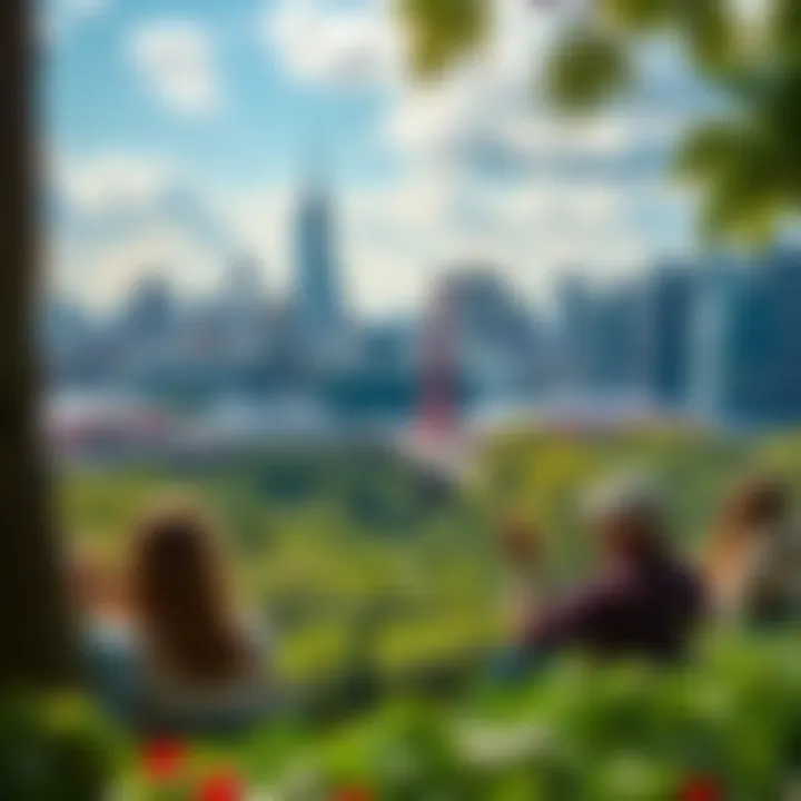 People enjoying ice cream while sitting in a park, overlooking city life and greenery.