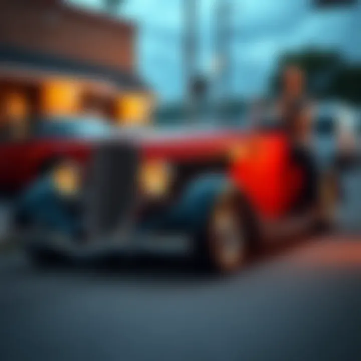 A vintage 34 Ford roadster parked, showcasing its classic design and detailing, with a person pondering nearby about selling it.