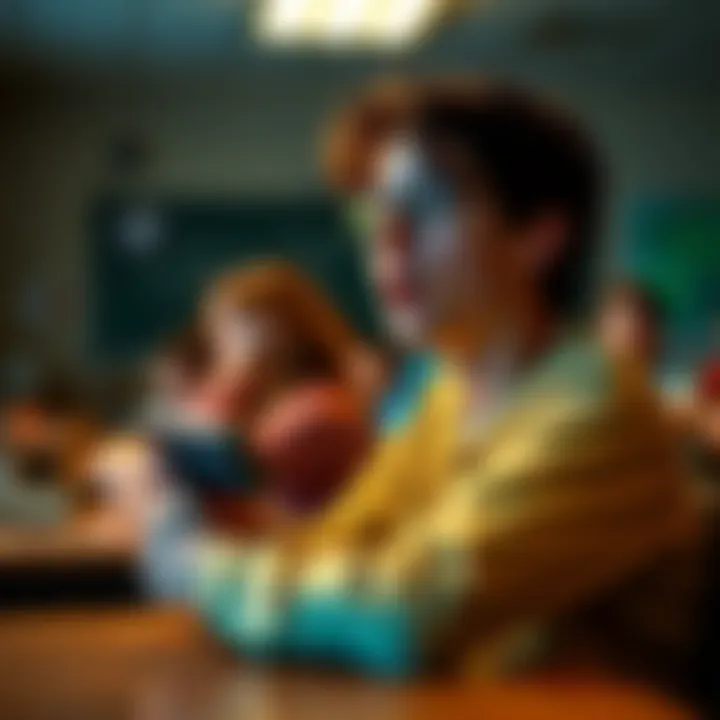 A student in a classroom looking excited with a gaming console in hand while trying to stay cool in front of a crush sitting nearby.