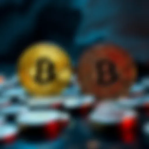 A visual comparison between clean and tainted bitcoin, representing the difference in value and risk, with clean coins looking shiny and new while tainted coins appear worn and dull.