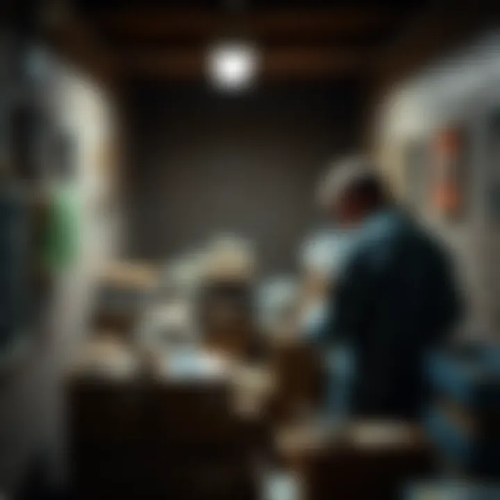 A person sorting through boxes in a dusty basement, finding old photographs and keepsakes