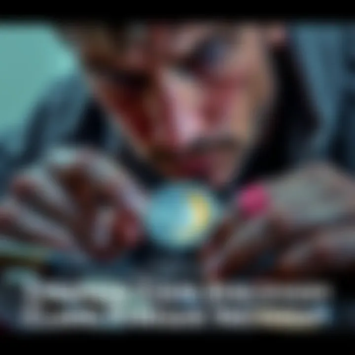 A person looking closely at a coin, with a bandaged thumb after cutting it while trying to clean the coin, surrounded by some tools and dirt.