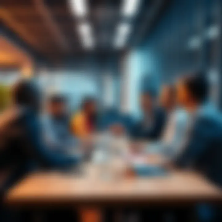 A group of professionals discussing strategies for acquiring clients in a modern office setting