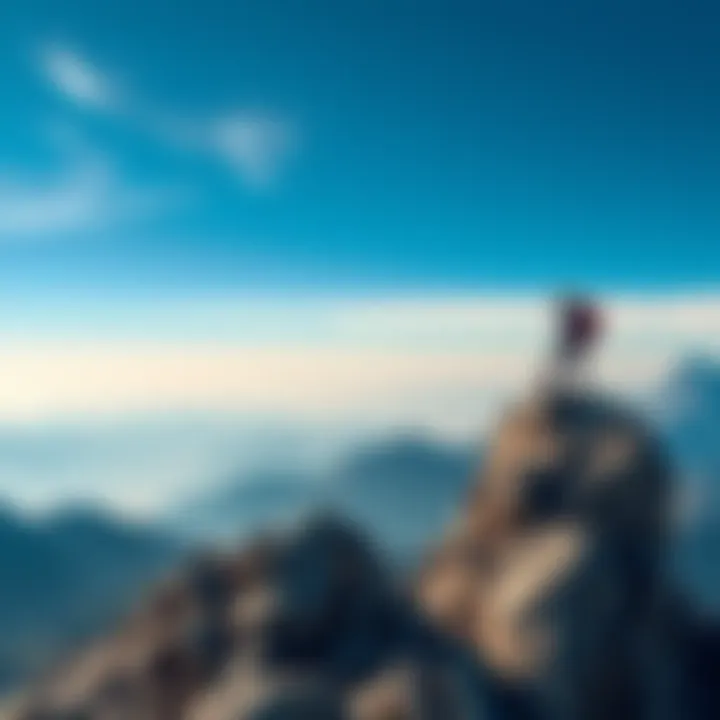 A climber stands triumphantly on top of a mountain peak, surrounded by stunning views of the surrounding mountains and sky.