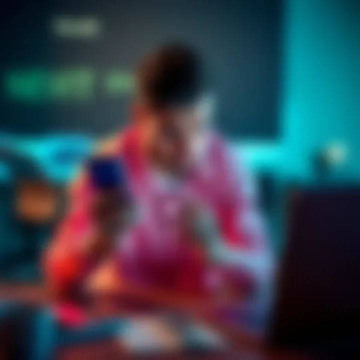 A person sitting at a desk looking frustrated while holding a smartphone displaying the Revolut app