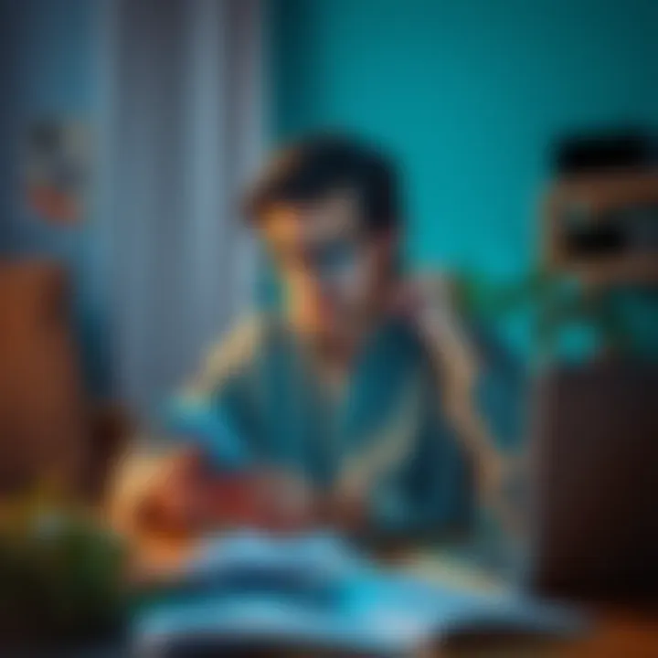A frustrated person looks at their phone, trying to close a UK Revolut account after moving to Ireland, surrounded by papers and a laptop.
