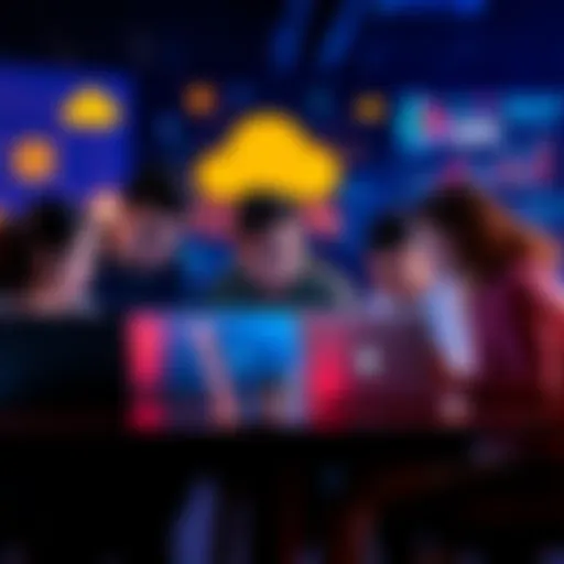 A group of tech enthusiasts collaborating with laptops and cloud technology symbols like AWS, Docker, and Kubernetes.