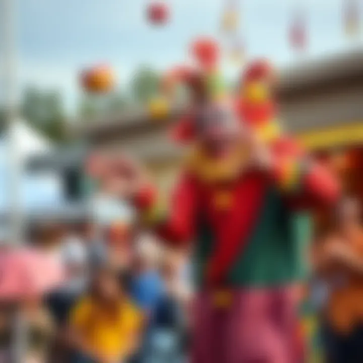 Clown performing juggling tricks at a public event A cheerful clown in colorful attire juggling balls at a festival, entertaining a crowd of people with laughter and joy.