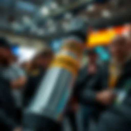 A close-up view of a Norbanus RR CNG hammer with a price tag of $1,100, showcasing its shiny surface and unique design, surrounded by curious people discussing it.