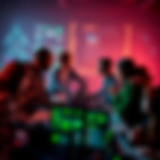 A diverse group of coders collaborating on a gaming project, surrounded by computers and gaming designs.