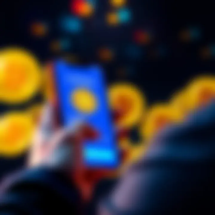 A person using the Coinbase app to buy Bitcoin on a smartphone, with Bitcoin symbols in the background.