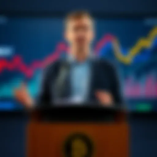 Coinbase CEO speaking at a podium about the need for a hard-backed currency as U.S. debt rises, with charts showing debt trends in the background.