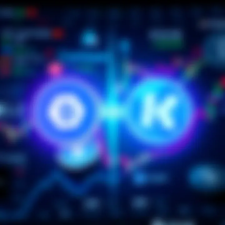 A graphic comparing Coinbase and Kraken logos, with symbols of cryptocurrency and a chart showing trading performance.