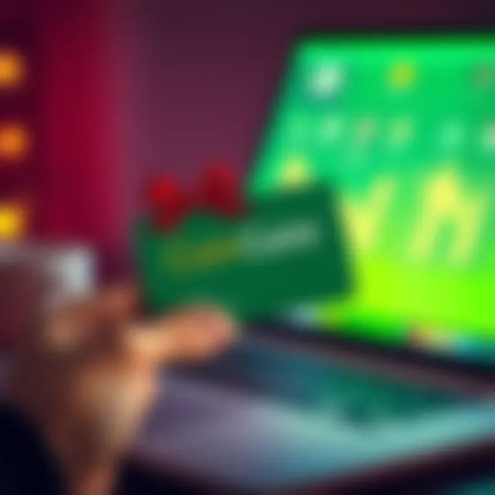 Person holding a CoinGate gift card with a laptop in the background.