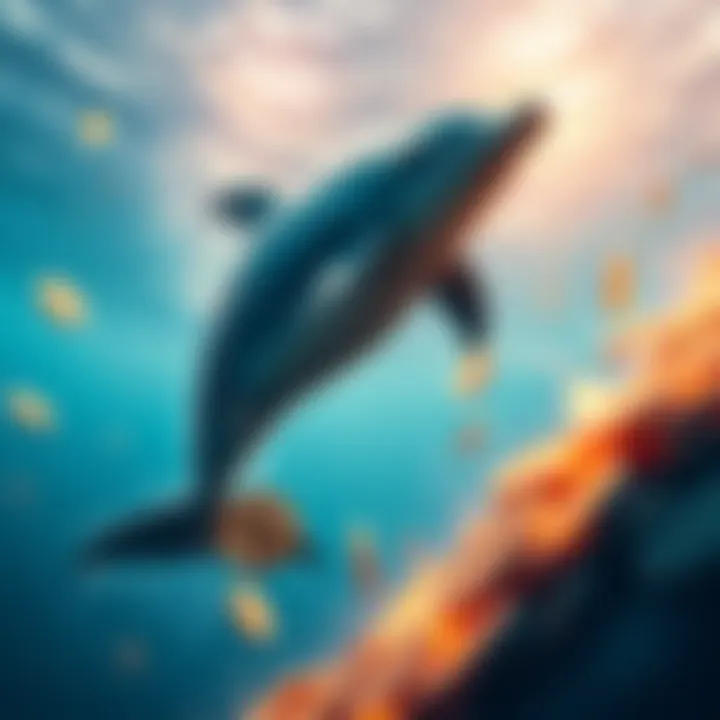 A dolphin swimming toward a goal of 1 million coins as SmartContracts launch, representing the journey in digital currency.
