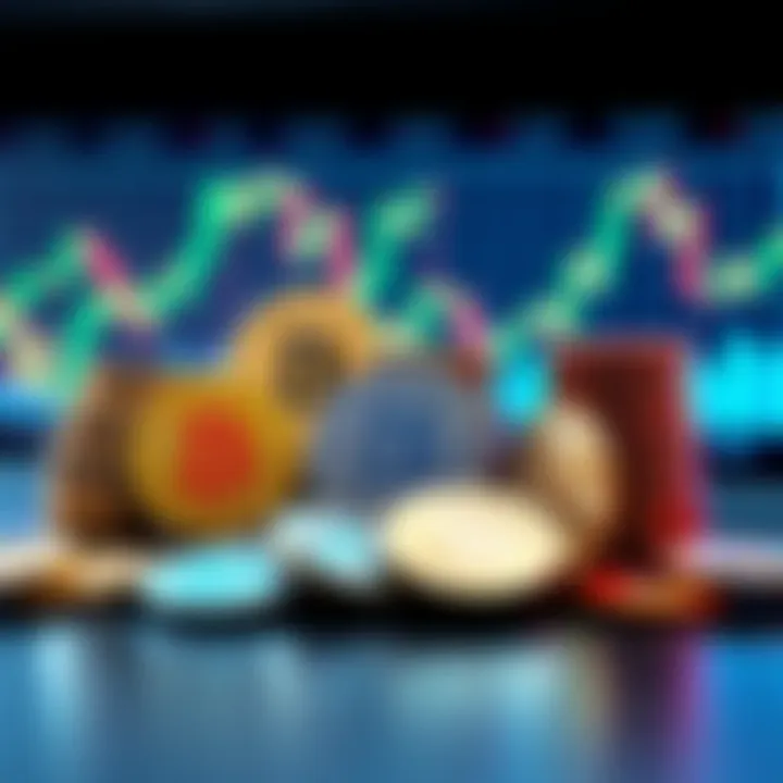 A collection of various cryptocurrency coins next to a trading chart showing price fluctuations, symbolizing safe trading strategies.