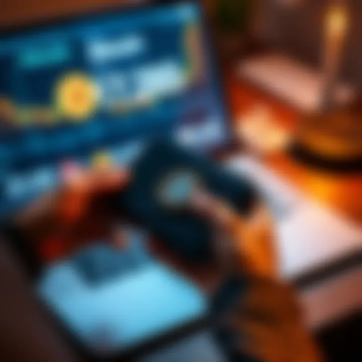 A person holding a cold wallet device next to a laptop displaying Bitcoin prices.