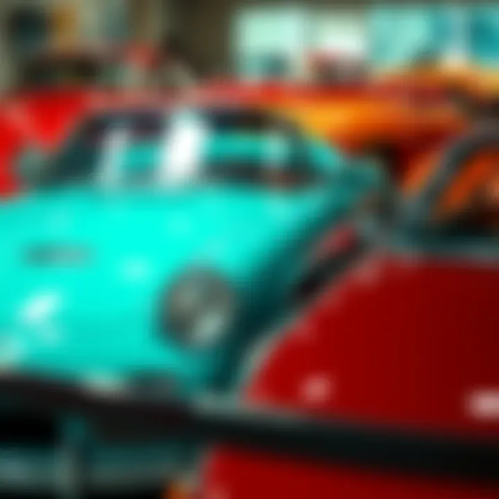 A selection of classic cars displayed for sale, highlighting their shiny exteriors and appealing designs.