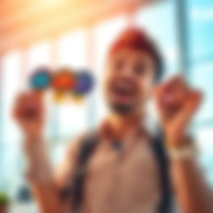 A person excitedly holding four badges, symbolizing achievement, with a joyful expression, in a bright setting.