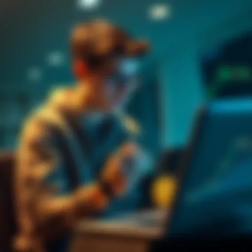 A college student looks at a Bitcoin chart on a laptop while holding cash, contemplating their investment.