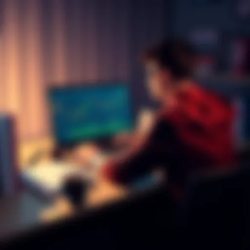 A college student sitting at a desk, looking at a laptop screen showing Bitcoin charts and investment advice, with notebooks and a coffee cup nearby.