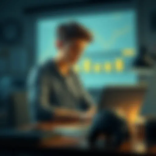 College student looking at Dogecoin investment options with a laptop on a desk.