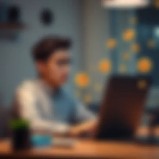 A college student sitting at a desk looking worried, with a laptop showing a chat with the Velora bot, and cryptocurrency symbols around.