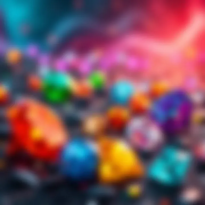 A variety of rare colored diamonds sparkling in a fantasy game environment, showcasing different colors for power-ups and bonuses.