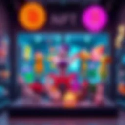A vibrant display of digital animations featuring unique characters and designs representing NFT art in a modern gallery setting.