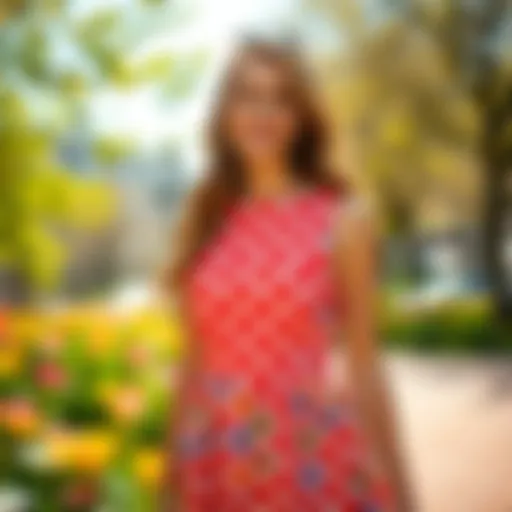 A smiling person wearing a vibrant polka dot dress stands in a sunny park, surrounded by flowers and sunshine.