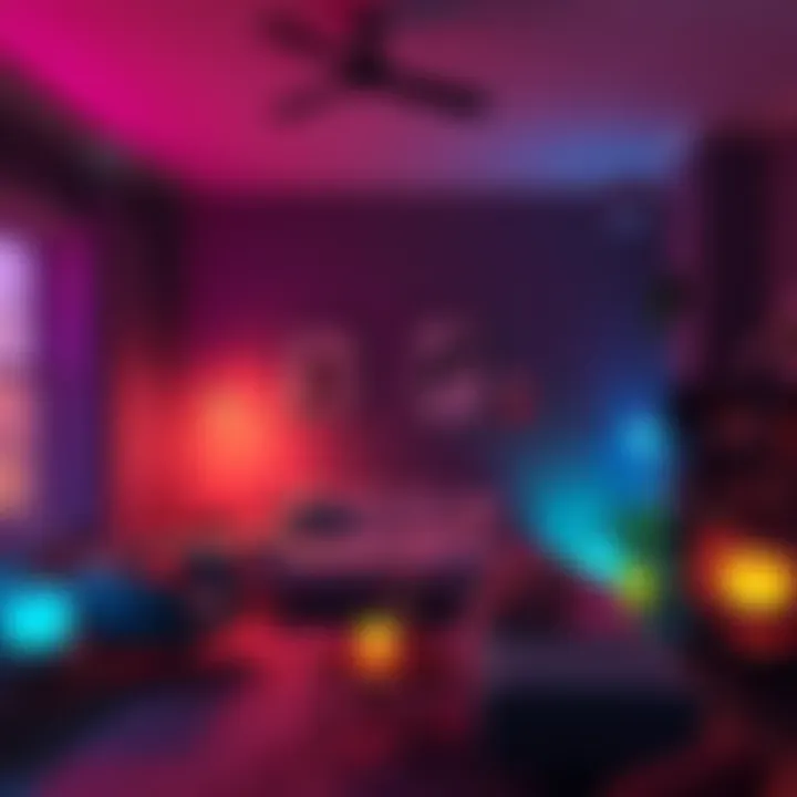 A cozy living room featuring colorful ambient lights that create a warm atmosphere, showcasing different lighting styles popular in home decor.