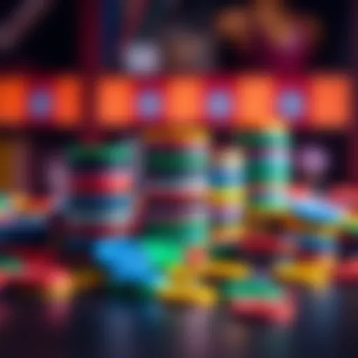 A collection of colorful bid tokens stacked on a table, representing online auction excitement.