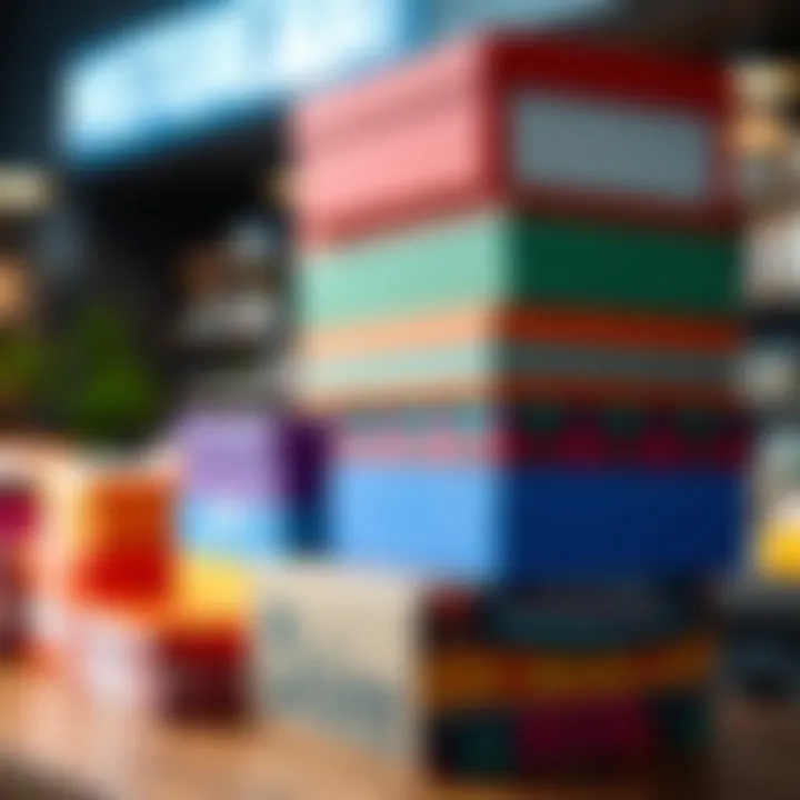 A variety of colorful mystery boxes stacked on a table, appealing to shoppers.