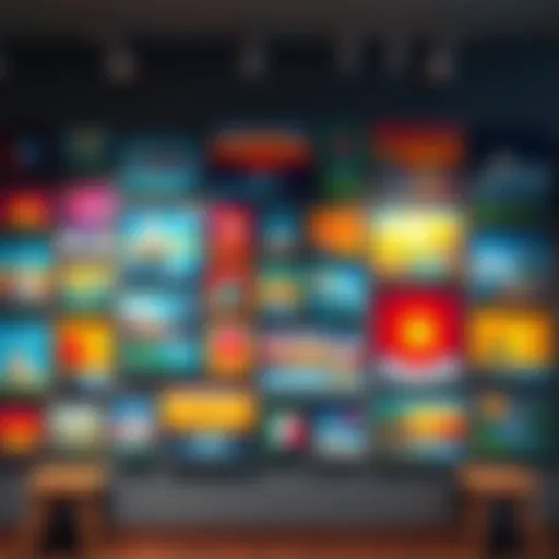 A variety of small canvas artworks in bright colors arranged on a wall, showcasing different styles and themes.
