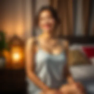 A woman wearing a soft pajama tank top with built-in bra, smiling and relaxed in a cozy bedroom setting