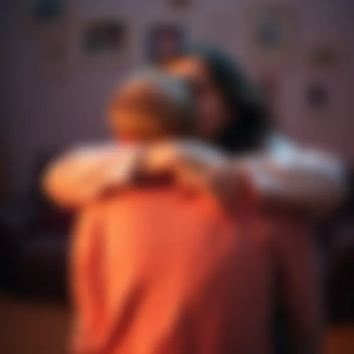 A person gently hugging another, conveying comfort and support with the phrase 'There there' in a warm setting.