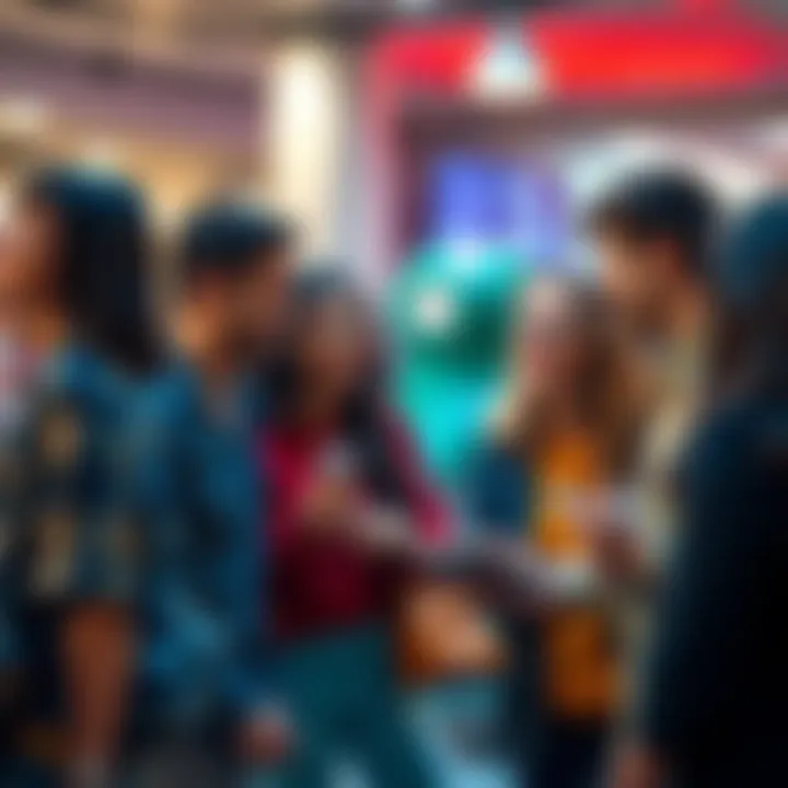 A group of diverse people smiling and chatting, sharing updates and reconnecting after a break.
