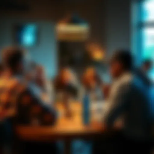 A group of people engaged in a heated discussion at a round table, expressing various opinions about community issues.