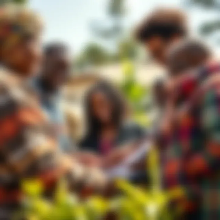 A diverse group of people collaborating on a local project, smiling and sharing ideas in a sunny outdoor setting.