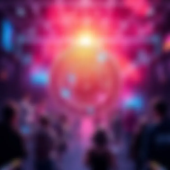 A visual representation of a new cryptocurrency token blending Proof of Work and Proof of Stake, showcasing a community of people engaging and connecting in a digital environment.