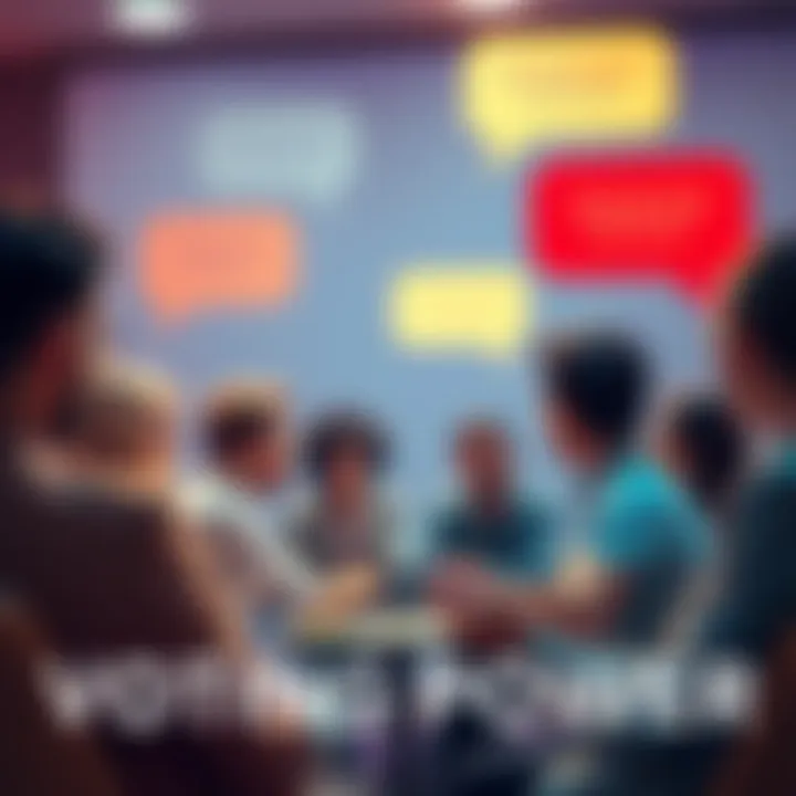 Community Discussion on Voting Power A group of people engaged in a discussion about voting power linked to token holdings, with various opinions represented in speech bubbles.