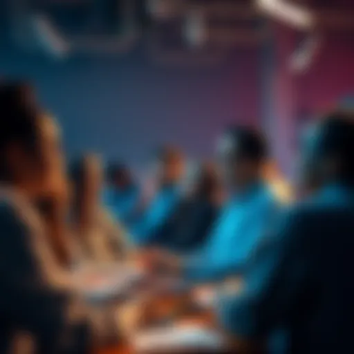 A diverse group of people engaging in discussion on a user board about community building, showcasing the shift from influencers to community focus.