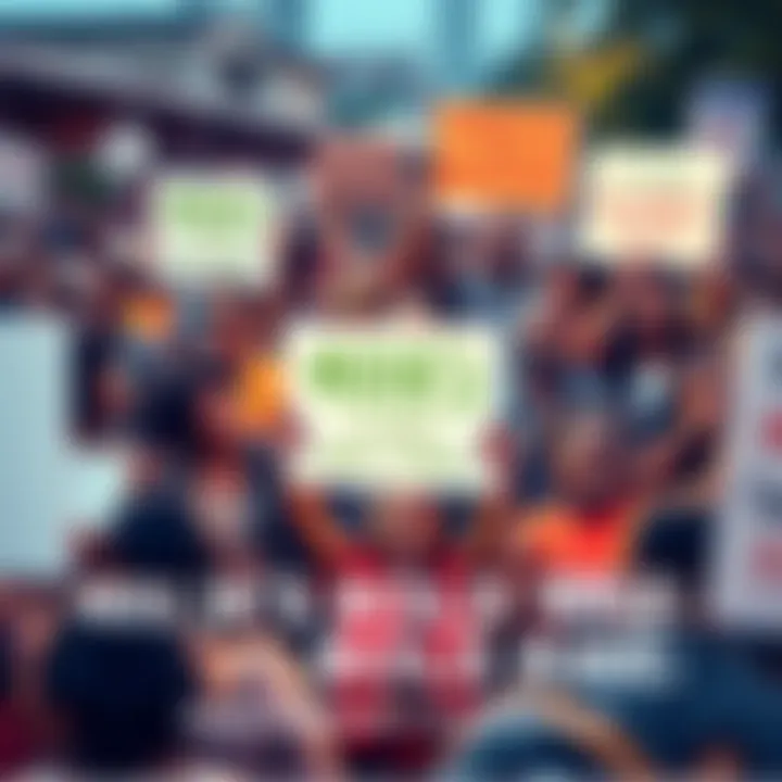 A diverse group of people rallying together, holding signs promoting financial awareness and social change, showcasing unity and empowerment.