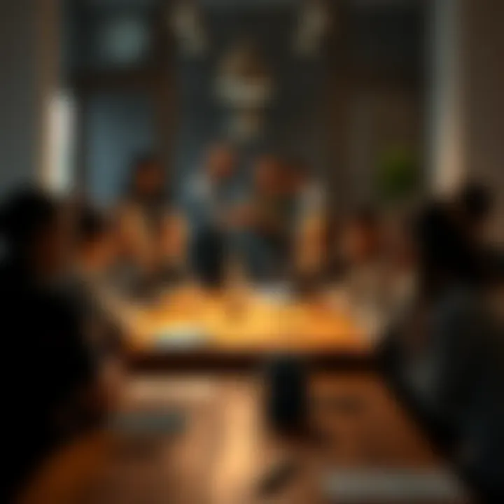 A group of people discussing around a table, focused on community engagement and newcomers leaving, with a sense of curiosity and concern.