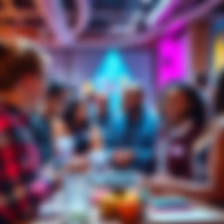 A diverse group of people engaged in discussion at a community event, sharing ideas and collaborating on future projects.