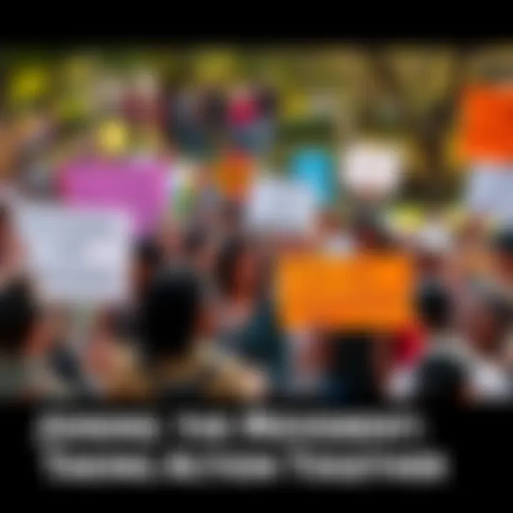 A diverse group of people gathered in a park, holding signs that promote community action and positive change. They are smiling and engaging with one another, showcasing unity and collaboration.